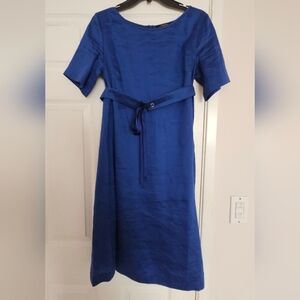 Weekend Max Mara Royal Blue Short Sleeve Linen & Silk Dress with Waist Tie Size8